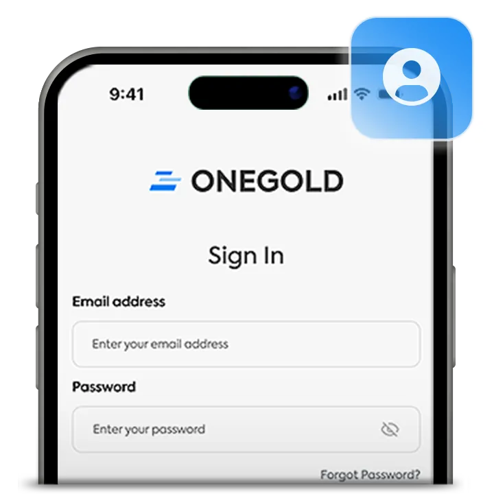 Pantalla de inicio de sesión de la app de OneGold para crear una cuenta