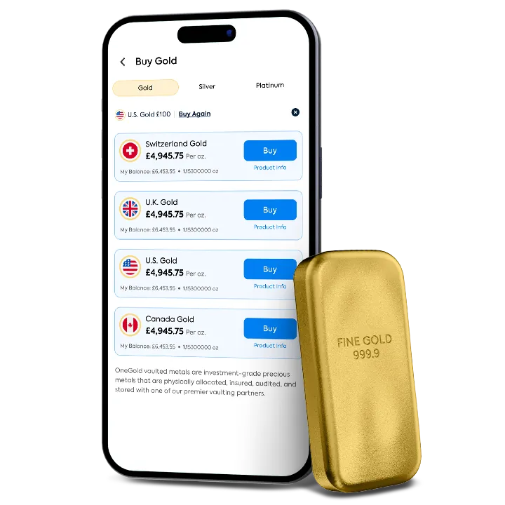 Pantalla de compra de oro de la app de OneGold junto a un lingote de oro físico