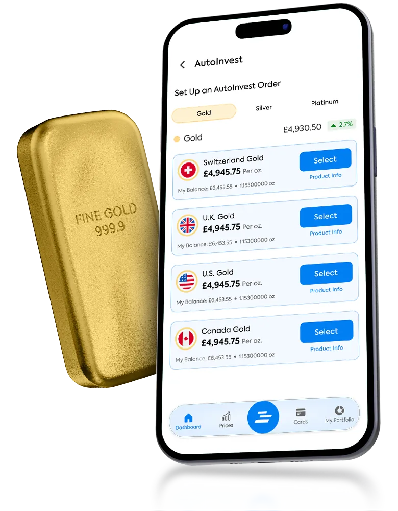 La app móvil de OneGold mostrando la pantalla de órdenes de AutoInvest junto a un lingote de oro