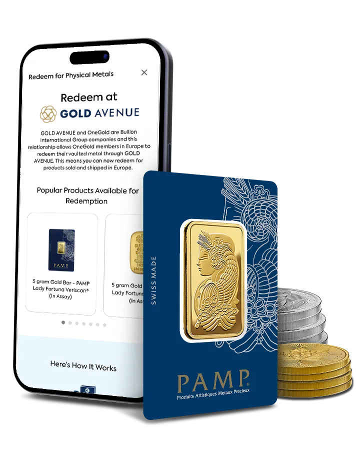 La app de OneGold mostrando el canje de metal físico con un lingote de oro PAMP y monedas