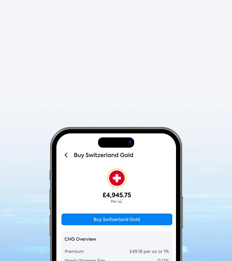 Pantalla de la app de OneGold mostrando una compra de oro en Suiza